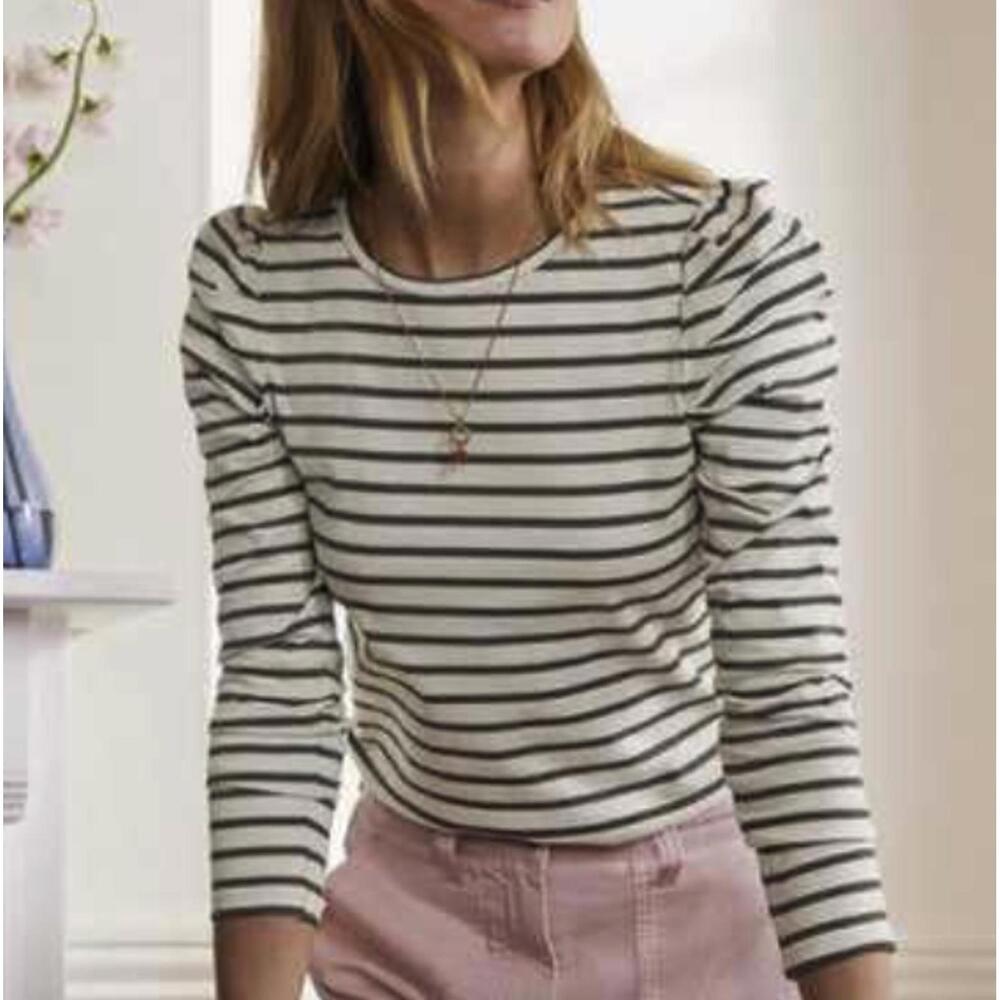 Boden Imogen Breton Puff-Sleeve Top with Green Stripes - Size - 2